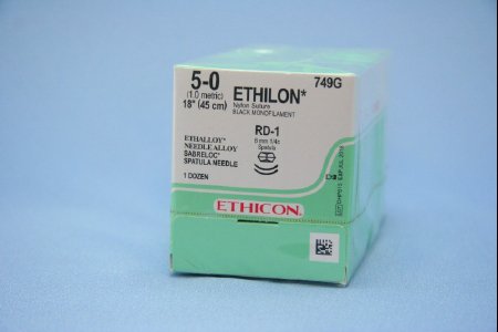 Picture of Suture with Needle Ethilon™ Nonabsorbable Uncoated Black Suture Monofilament Nylon Size 5 - 0 18 Inch Suture Double-Armed 8 mm Length 1/4 Circle Center Point Spatula Needle749G