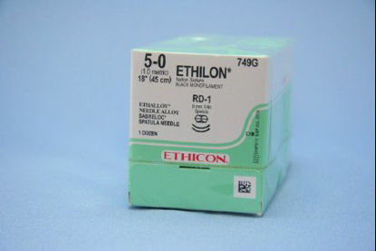 Picture of Suture with Needle Ethilon™ Nonabsorbable Uncoated Black Suture Monofilament Nylon Size 5 - 0 18 Inch Suture Double-Armed 8 mm Length 1/4 Circle Center Point Spatula Needle749G