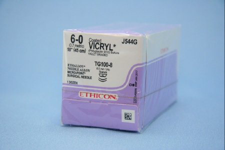 Picture of Suture with Needle Coated Vicryl™ Absorbable Coated Violet Suture Braided Polyglactin 910 Size 6 - 0 18 Inch Suture Double-Armed 6.5 mm Length 1/4 Circle Spatula NeedleJ544G