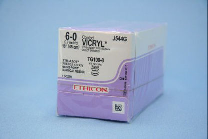 Picture of Suture with Needle Coated Vicryl™ Absorbable Coated Violet Suture Braided Polyglactin 910 Size 6 - 0 18 Inch Suture Double-Armed 6.5 mm Length 1/4 Circle Spatula NeedleJ544G