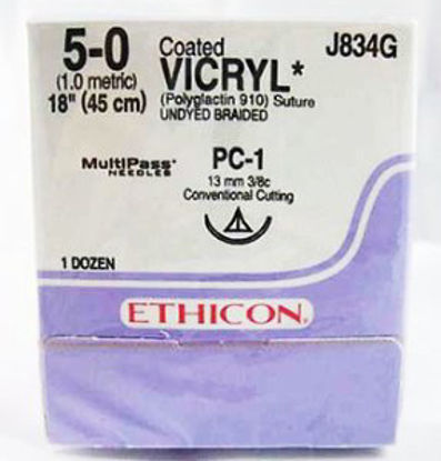 Picture of Suture with Needle Coated Vicryl™ Absorbable Coated Undyed Suture Braided Polyglactin 910 Size 5 - 0 18 Inch Suture 1-Needle 13 mm Length 3/8 Circle Conventional Cutting NeedleJ834G