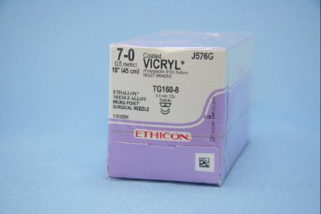 Picture of Suture with Needle Coated Vicryl™ Absorbable Coated Violet Suture Braided Polyglactin 910 Size 7 - 0 18 Inch Suture Double-Armed 5.5 mm Length 1/2 Circle Spatula NeedleJ576G