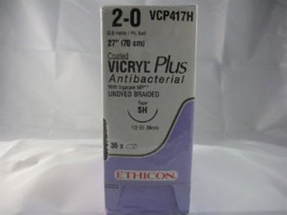 Picture of Antibacterial Suture with Needle Coated Vicryl™ Plus Absorbable Coated Undyed Suture Braided Polyglactin 910 with Irgacare MP Antibacterial Suture Size 2 - 0 27 Inch Suture 1-Needle 26 mm Length 1/2 Circle Taper Point NeedleVCP417H