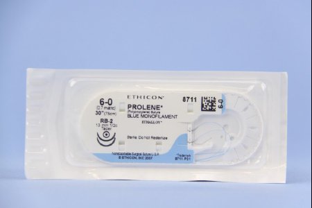 Picture of Suture with Needle Prolene™ Nonabsorbable Uncoated Blue Suture Monofilament Polypropylene Suture Size 6 - 0 30 Inch Suture Double-Armed 13 mm Length 1/2 Circle Taper Point Needle8711H