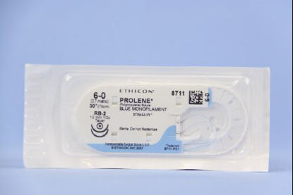 Picture of Suture with Needle Prolene™ Nonabsorbable Uncoated Blue Suture Monofilament Polypropylene Suture Size 6 - 0 30 Inch Suture Double-Armed 13 mm Length 1/2 Circle Taper Point Needle8711H