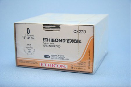 Picture of Suture with Needle Ethibond Nonabsorbable Coated Green Suture Braided Polyester Size 0 18 Inch Suture 1-Needle 26 mm Length 1/2 Circle Taper Point NeedleCX27D