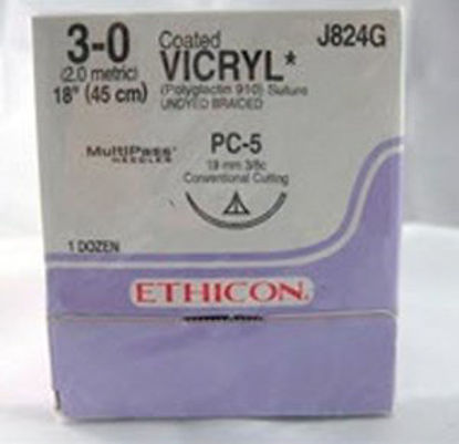 Picture of Suture with Needle Coated Vicryl™ Absorbable Coated Undyed Suture Braided Polyglactin 910 Size 3 - 0 18 Inch Suture 1-Needle 19 mm Length 3/8 Circle Conventional Cutting NeedleJ824G