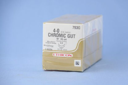 Picture of Suture with Needle Absorbable Uncoated Undyed Suture Chromic Gut Size 4 - 0 18 Inch Suture Double-Armed 13 mm Length 3/8 Circle Reverse Cutting Needle793G