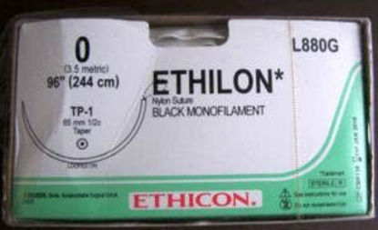 Picture of Suture with Needle Ethilon™ Nonabsorbable Uncoated Black Suture Monofilament Nylon Size 0 96 Inch Suture 1-Needle 65 mm Length 1/2 Circle Taper Point NeedleL880G