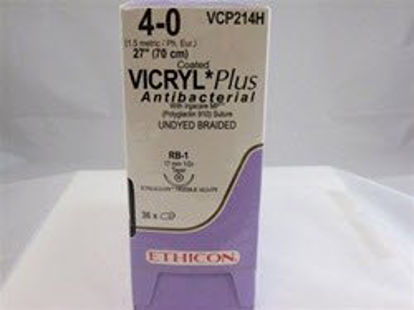 Picture of Antibacterial Suture with Needle Coated Vicryl™ Plus Absorbable Coated Undyed Suture Braided Polyglactin 910 with Irgacare MP Antibacterial Suture Size 4 - 0 27 Inch Suture 1-Needle 17 mm Length 1/2 Circle Taper Point NeedleVCP214H