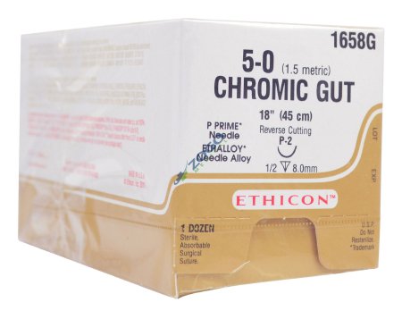 Picture of Suture with Needle Absorbable Uncoated Undyed Suture Chromic Gut Size 5 - 0 18 Inch Suture 1-Needle 8 mm Length 1/2 Circle Reverse Cutting Needle1658G