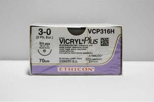 Picture of Antibacterial Suture with Needle Coated Vicryl™ Plus Absorbable Coated Violet Suture Braided Polyglactin 910 with Irgacare MP Antibacterial Suture Size 3 - 0 27 Inch Suture 1-Needle 26 mm Length 1/2 Circle Taper Point NeedleVCP316H