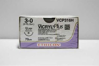 Picture of Antibacterial Suture with Needle Coated Vicryl™ Plus Absorbable Coated Violet Suture Braided Polyglactin 910 with Irgacare MP Antibacterial Suture Size 3 - 0 27 Inch Suture 1-Needle 26 mm Length 1/2 Circle Taper Point NeedleVCP316H
