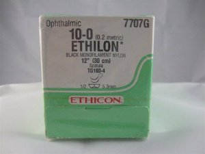Picture of Suture with Needle Ethilon™ Nonabsorbable Uncoated Black Suture Monofilament Nylon Size 10 - 0 12 Inch Suture Double-Armed 5.5 mm Length 3/8 Circle Micropoint - Spatula Needle7707G