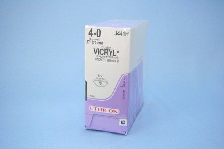 Picture of Suture with Needle Coated Vicryl™ Absorbable Coated Undyed Suture Braided Polyglactin 910 Size 4 - 0 27 Inch Suture 1-Needle 24 mm Length 3/8 Circle Reverse Cutting NeedleJ441H