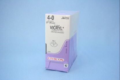 Picture of Suture with Needle Coated Vicryl™ Absorbable Coated Undyed Suture Braided Polyglactin 910 Size 4 - 0 27 Inch Suture 1-Needle 24 mm Length 3/8 Circle Reverse Cutting NeedleJ441H