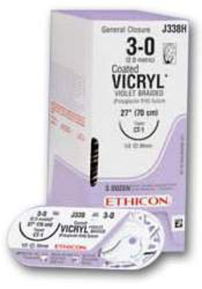 Picture of Suture with Needle Coated Vicryl™ Absorbable Coated Undyed Suture Braided Polyglactin 910 Size 0 27 Inch Suture 1-Needle 26 mm Length 1/2 Circle Taper Point NeedleJ418H