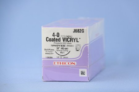 Picture of Suture with Needle Coated Vicryl™ Absorbable Coated Undyed Suture Braided Polyglactin 910 Size 4 - 0 18 Inch Suture 1-Needle 24 mm Length 3/8 Circle Reverse Cutting NeedleJ682G