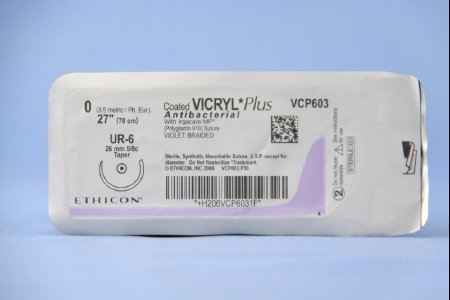 Picture of Antibacterial Suture with Needle Coated Vicryl™ Plus Absorbable Coated Violet Suture Braided Polyglactin 910 with Irgacare MP Antibacterial Suture Size 0 27 Inch Suture 1-Needle 26 mm Length 5/8 Circle Taper Point NeedleVCP603H