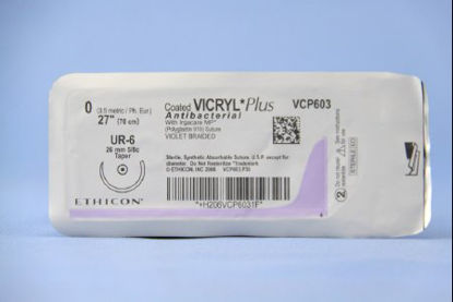 Picture of Antibacterial Suture with Needle Coated Vicryl™ Plus Absorbable Coated Violet Suture Braided Polyglactin 910 with Irgacare MP Antibacterial Suture Size 0 27 Inch Suture 1-Needle 26 mm Length 5/8 Circle Taper Point NeedleVCP603H