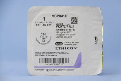 Picture of Antibacterial Suture with Needle Coated Vicryl™ Plus Absorbable Coated Undyed Suture Braided Polyglactin 910 with Irgacare MP Antibacterial Suture Size 1 18 Inch Suture 1-Needle 36 mm Length 1/2 Circle Taper Point NeedleVCP841D