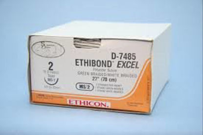 Picture of Suture with Needle Ethibond Nonabsorbable Coated Green / White Suture Braided Polyester Size 2 27 Inch Suture Double-Armed 22 mm Length 1/2 Circle Taper Point NeedleD7485