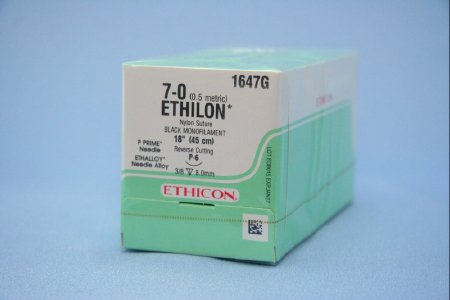 Picture of Suture with Needle Ethilon™ Nonabsorbable Uncoated Black Suture Monofilament Nylon Size 7 - 0 18 Inch Suture 1-Needle 8 mm Length 3/8 Circle Reverse Cutting Needle1647G