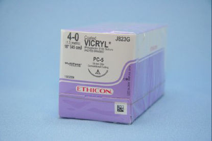 Picture of Suture with Needle Coated Vicryl™ Absorbable Coated Undyed Suture Braided Polyglactin 910 Size 4 - 0 18 Inch Suture 1-Needle 19 mm Length 3/8 Circle Conventional Cutting NeedleJ823G