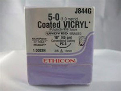 Picture of Suture with Needle Coated Vicryl™ Absorbable Coated Undyed Suture Braided Polyglactin 910 Size 5 - 0 18 Inch Suture 1-Needle 16 mm Length 3/8 Circle Conventional Cutting NeedleJ844G