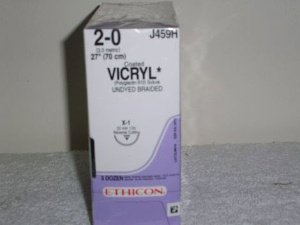 Picture of Suture with Needle Coated Vicryl™ Absorbable Coated Undyed Suture Braided Polyglactin 910 Size 2 - 0 27 Inch Suture 1-Needle 22 mm Length 1/2 Circle Reverse Cutting NeedleJ459H