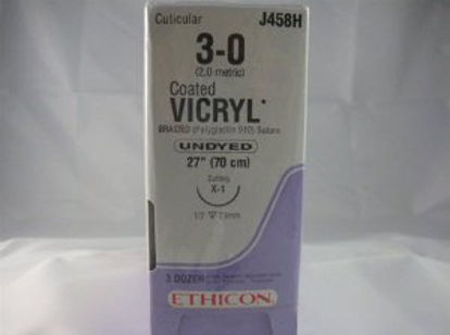 Picture of Suture with Needle Coated Vicryl™ Absorbable Coated Undyed Suture Braided Polyglactin 910 Size 3 - 0 27 Inch Suture 1-Needle 22 mm Length 1/2 Circle Reverse Cutting NeedleJ458H