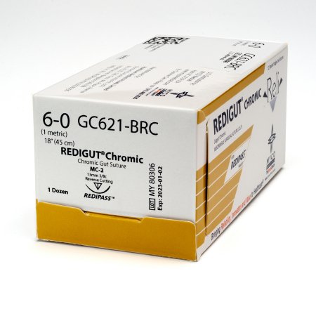 Picture of Suture with Needle Reli® Absorbable Uncoated Undyed Suture Chromic Gut Size 6 - 0 18 Inch Suture 1-Needle 13 mm Length 3/8 Circle Reverse Cutting Needle with Precision PointGC621-M