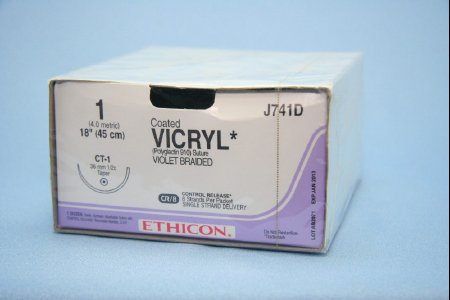 Picture of Suture with Needle Coated Vicryl™ Absorbable Coated Violet Suture Braided Polyglactin 910 Size 1 18 Inch Suture 1-Needle 36 mm Length 1/2 Circle Taper Point NeedleJ741D
