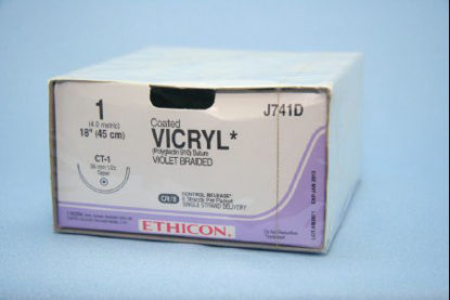 Picture of Suture with Needle Coated Vicryl™ Absorbable Coated Violet Suture Braided Polyglactin 910 Size 1 18 Inch Suture 1-Needle 36 mm Length 1/2 Circle Taper Point NeedleJ741D