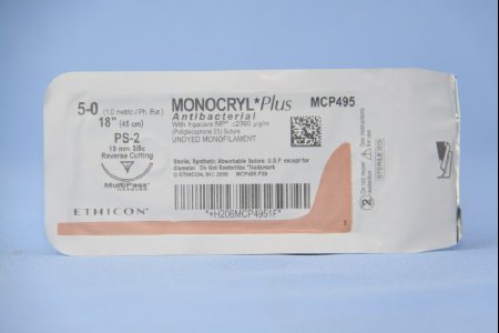 Picture of Antibacterial Suture with Needle Monocryl™ Plus Absorbable Uncoated Undyed Suture Poliglecaprone 25 with Irgacare MP Antibacterial Suture Size 5 - 0 18 Inch Suture 1-Needle 19 mm Length 3/8 Circle Precision Point - Reverse Cutting NeedleMCP495G