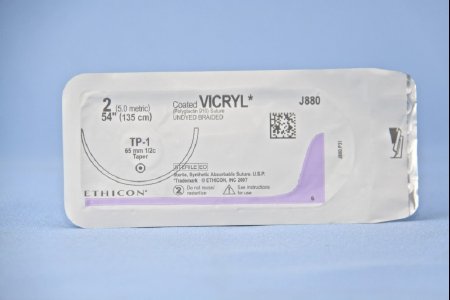Picture of Suture with Needle Coated Vicryl™ Absorbable Coated Undyed Suture Braided Polyglactin 910 Size 2 54 Inch Suture 1-Needle 65 mm Length 1/2 Circle Taper Point NeedleJ880T