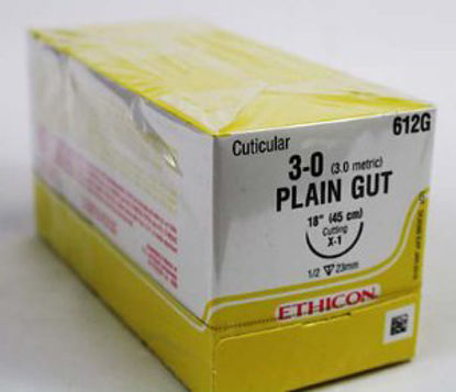 Picture of Suture with Needle Absorbable Uncoated Undyed Suture Plain Gut Size 3 - 0 18 Inch Suture 1-Needle 22 mm Length 1/2 Circle Reverse Cutting Needle612G