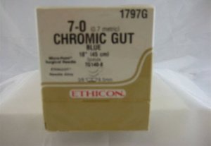 Picture of Suture with Needle Absorbable Uncoated Blue Suture Chromic Gut Size 7 - 0 18 Inch Suture Double-Armed 6.5 mm Length 3/8 Circle Micropoint - Spatula Needle1797G