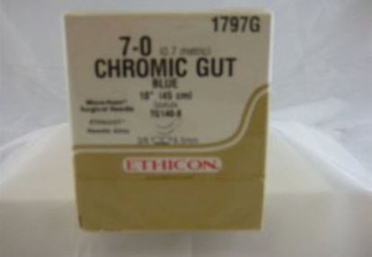 Picture of Suture with Needle Absorbable Uncoated Blue Suture Chromic Gut Size 7 - 0 18 Inch Suture Double-Armed 6.5 mm Length 3/8 Circle Micropoint - Spatula Needle1797G