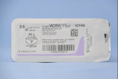 Picture of Antibacterial Suture with Needle Coated Vicryl™ Plus Absorbable Coated Undyed Suture Braided Polyglactin 910 with Irgacare MP Antibacterial Suture Size 5 - 0 18 Inch Suture 1-Needle 19 mm Length 3/8 Circle Precision Point - Reverse Cutting NeedleVCP495G