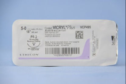 Picture of Antibacterial Suture with Needle Coated Vicryl™ Plus Absorbable Coated Undyed Suture Braided Polyglactin 910 with Irgacare MP Antibacterial Suture Size 5 - 0 18 Inch Suture 1-Needle 19 mm Length 3/8 Circle Precision Point - Reverse Cutting NeedleVCP495G