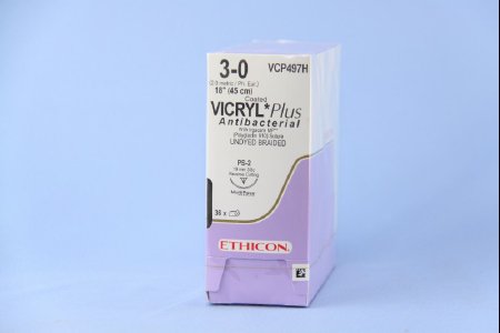 Picture of Antibacterial Suture with Needle Coated Vicryl™ Plus Absorbable Coated Undyed Suture Braided Polyglactin 910 with Irgacare MP Antibacterial Suture Size 3 - 0 18 Inch Suture 1-Needle 19 mm Length 3/8 Circle Precision Point - Reverse Cutting NeedleVCP497H