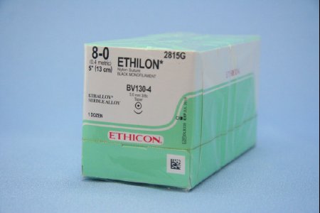 Picture of Suture with Needle Ethilon™ Nonabsorbable Uncoated Black Suture Monofilament Nylon Size 8 - 0 5 Inch Suture 1-Needle 5 mm Length 3/8 Circle Taper Point Needle2815G