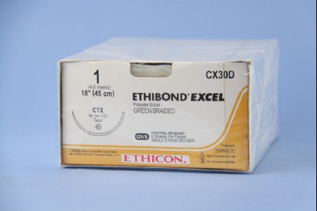 Picture of Suture with Needle Ethibond Nonabsorbable Coated Green Suture Braided Polyester Size 1 18 Inch Suture 1-Needle 48 mm Length 1/2 Circle Taper Point NeedleCX30D