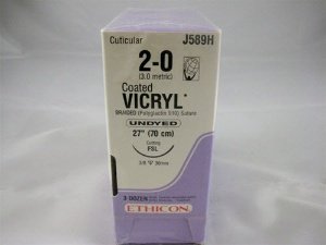 Picture of Suture with Needle Coated Vicryl™ Absorbable Coated Undyed Suture Braided Polyglactin 910 Size 2 - 0 27 Inch Suture 1-Needle 30 mm Length 3/8 Circle Reverse Cutting NeedleJ589H