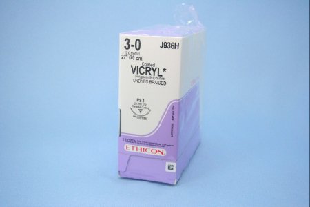 Picture of Suture with Needle Coated Vicryl™ Absorbable Coated Undyed Suture Braided Polyglactin 910 Size 3 - 0 27 Inch Suture 1-Needle 24 mm Length 3/8 Circle Reverse Cutting NeedleJ936H