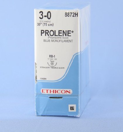Picture of Suture with Needle Prolene™ Nonabsorbable Uncoated Blue Suture Monofilament Polypropylene Suture Size 3 - 0 30 Inch Suture 1-Needle 17 mm Length 1/2 Circle Taper Point Needle8872H