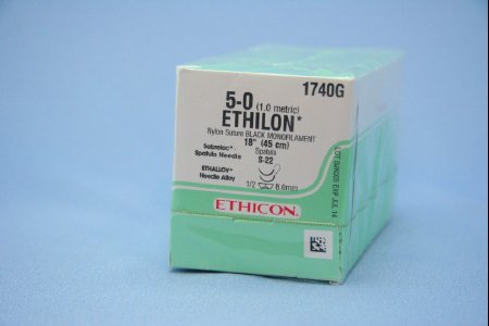 Picture of Suture with Needle Ethilon™ Nonabsorbable Uncoated Black Suture Monofilament Nylon Size 5 - 0 18 Inch Suture Double-Armed 8 mm Length 1/2 Circle Spatula Needle1740G