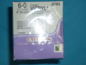 Picture of Suture with Needle Coated Vicryl™ Absorbable Coated Violet Suture Braided Polyglactin 910 Size 6 - 0 8 Inch Suture Double-Armed 8 mm Length 1/4 Circle Spatula NeedleJ578G
