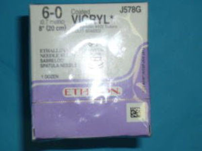 Picture of Suture with Needle Coated Vicryl™ Absorbable Coated Violet Suture Braided Polyglactin 910 Size 6 - 0 8 Inch Suture Double-Armed 8 mm Length 1/4 Circle Spatula NeedleJ578G